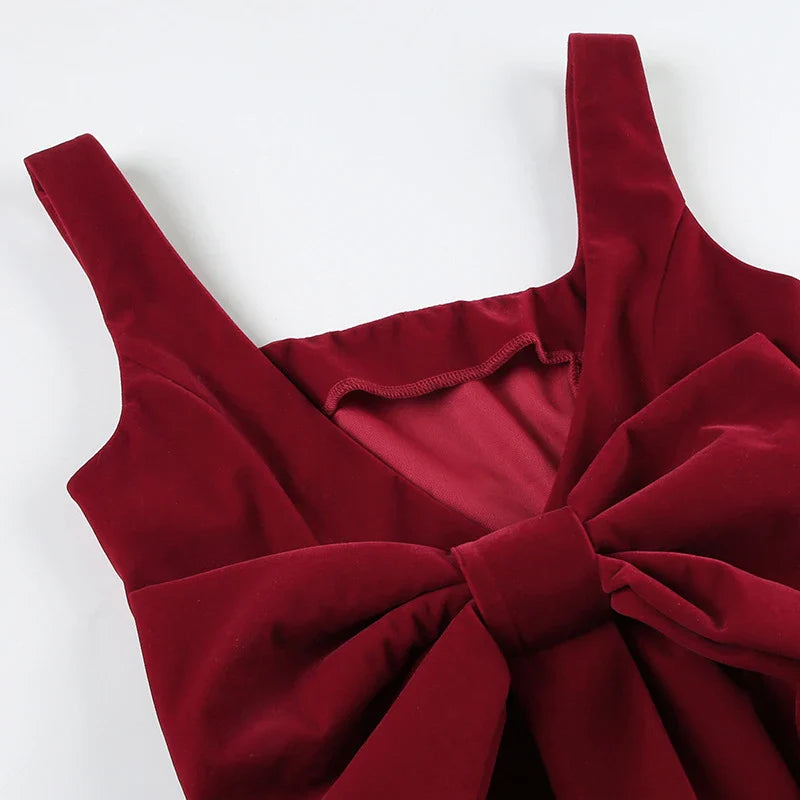 BKLD Fashion Red Bowknot Mini Dress Straps Square Collar Sleeveless Backless Vintage Cute Ladies Slim Party Short A-line Dresses