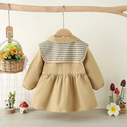 Girls solid color Korean windbreaker spring and autumn children's clothing bow plaid decorative collar single breasted jacket