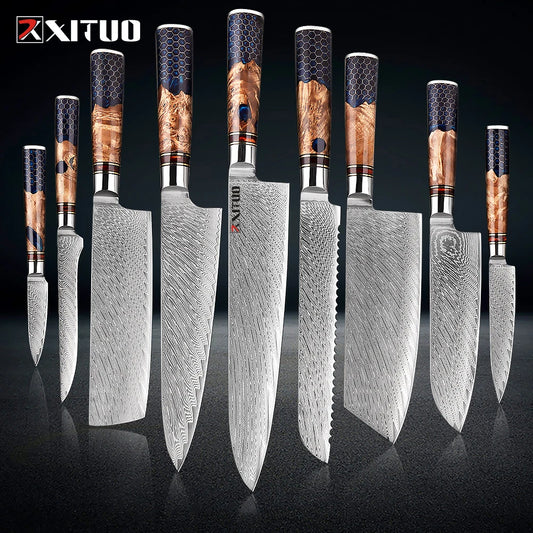 1-9 Piece Kitchen Knives Set Damascus Steel Chef Knife Sharp Cut Vegetables