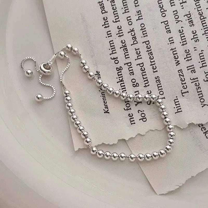 100% Solid 925 Sterling Silver Metal Bracelets for Women Men Beads Adjustable Handmade Simple Bracelet Birthday Christmas Gifts
