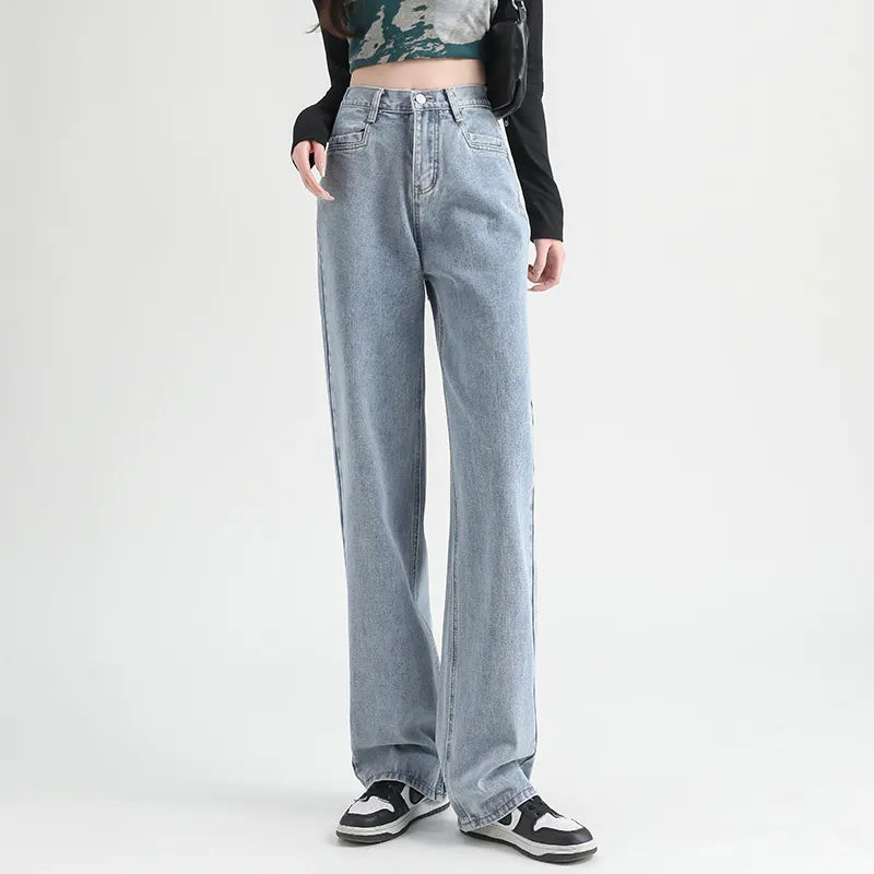 Woman Jeans Elastic High Waist Wide Leg Cotton Denim Clothing Blue White Streetwear