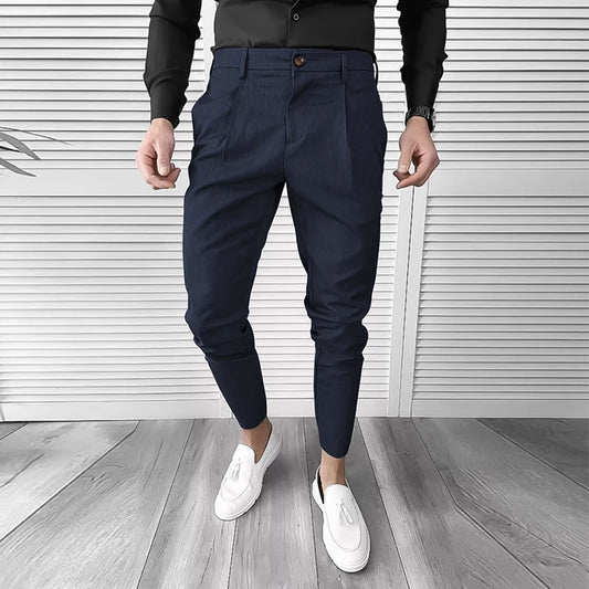 Vintage Solid Color Mens Pencil Pants Streetwear Fashion Slim Fit Stretch Suit Pants