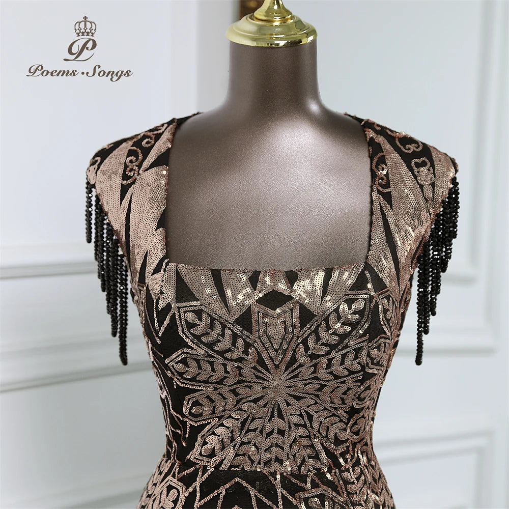 Homecoming Dresses: Long Party Dresses for wedding black and gold sequins Prom Dress