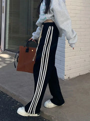 Zoki Black Striped Sweatpants Women Preppy Style High Waist Loose Casual Trousers