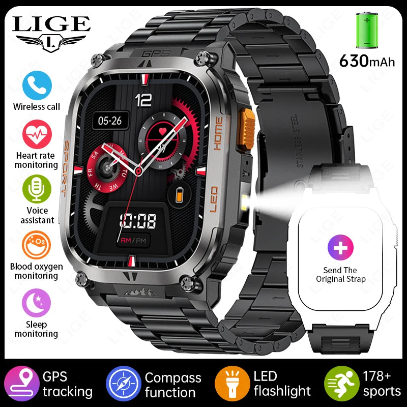 2025 New GPS Tracker Smart Watch Men LED Flashlight 1.96'' HD Screen Compass Watches Bluetooth Call Waterproof Sports Smartwatch