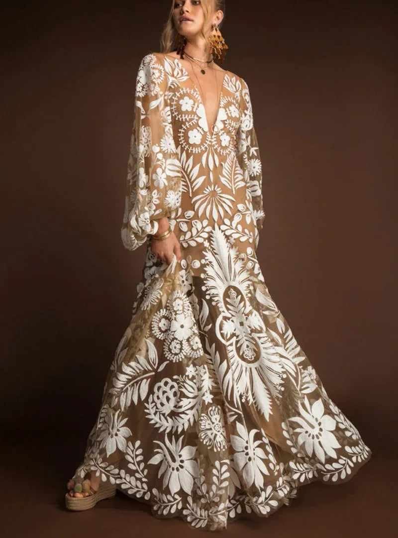 Evening wear Dresses: Long Sleeved Floor-Length Lace Formal Evening Prom Dress