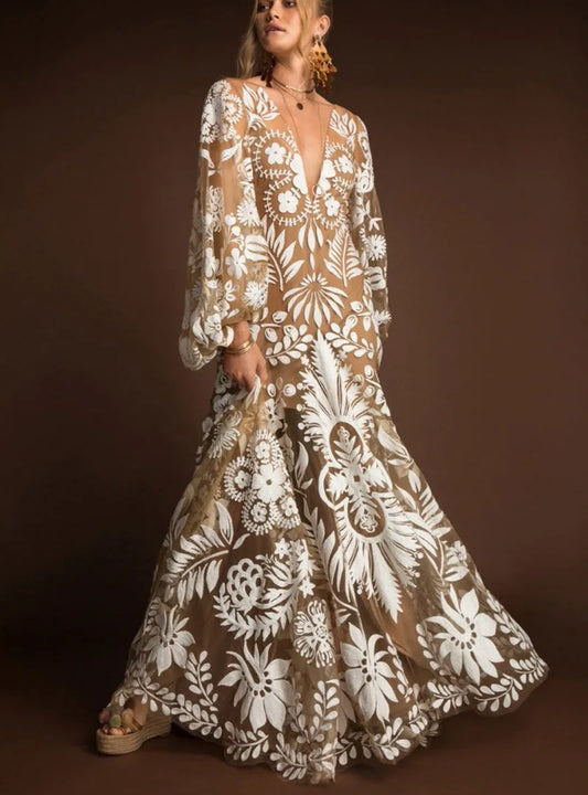 Evening wear Dresses: Long Sleeved Floor-Length Lace Formal Evening Prom Dress