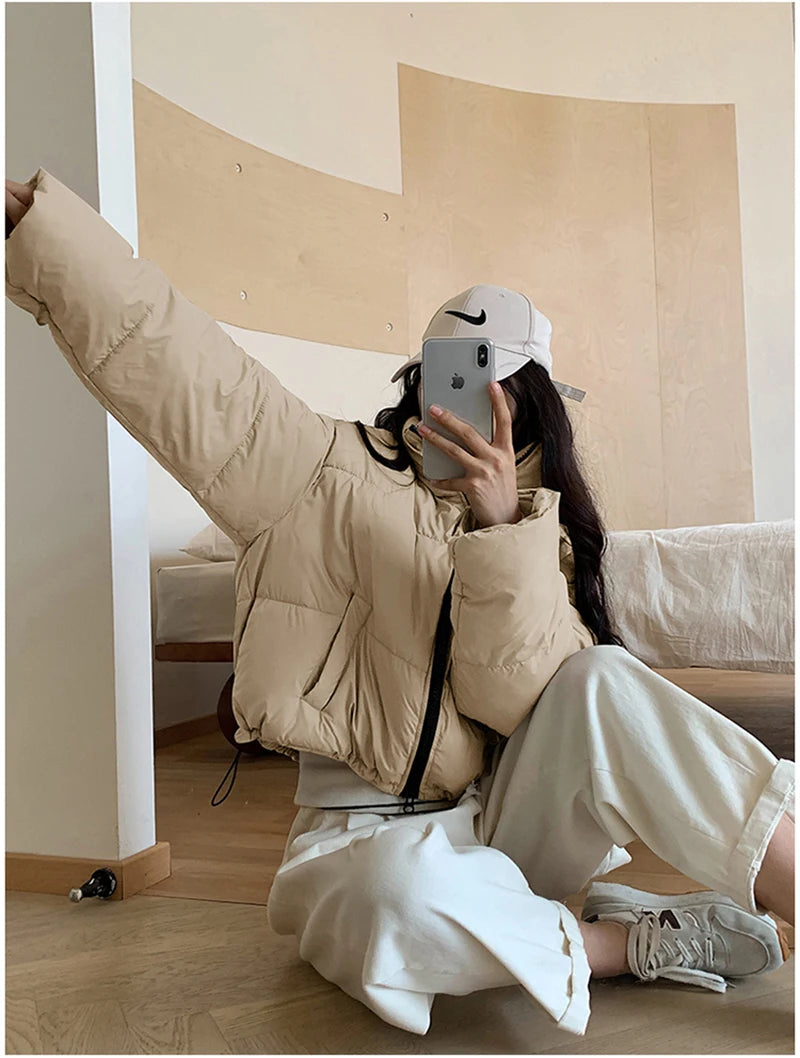 Korean Fashion Women Puffy Coats Simple Solid Loose Short Parkas Winter Thick