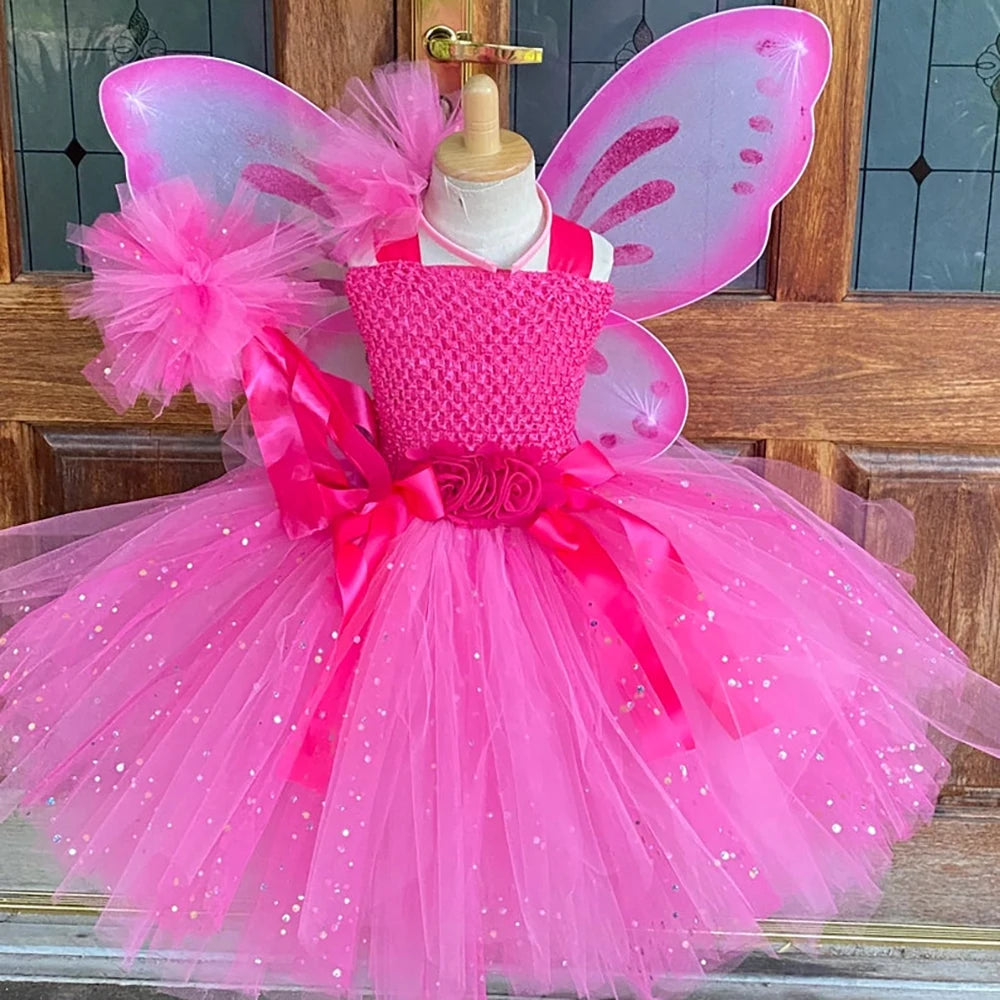 Girls Pink Glitter Tulle Dress Kids Butterfly Fairy Tutu Dresses with Wing