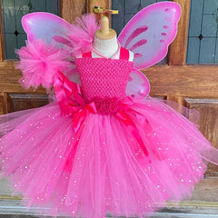 Girls Pink Glitter Tulle Dress Kids Butterfly Fairy Tutu Dresses with Wing