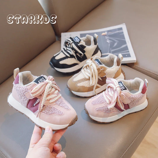 Kids Winter Warm Lambswool Sneakers Brand Design Lace Detail Girls Sport Shoes