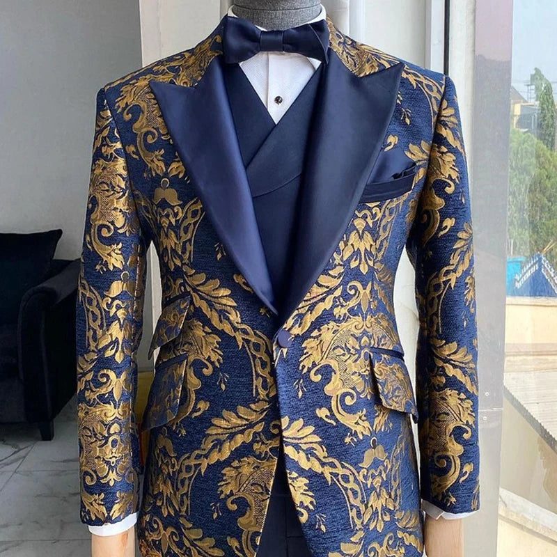 Tuxedo for Mens: Floral Suits for Men Wedding Slim Fit Navy Blue and Gold Jacquard