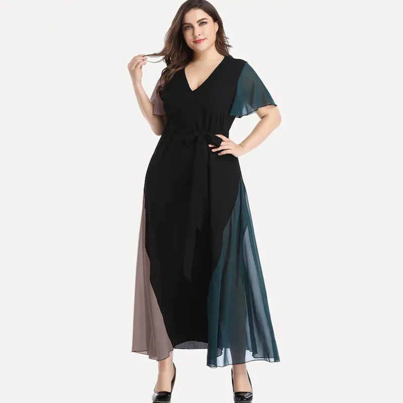 Plus Size V-neck Summer Elegant Chiffon Party Dress Women Short Sleeve Maxi Casual Dress Sash Waist Fit Flare Evening Dress 6XL