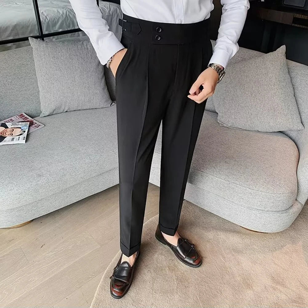 Male Trousers Suit Pants Spring Summer British Style Polyester Slight Stretch Slim Straight