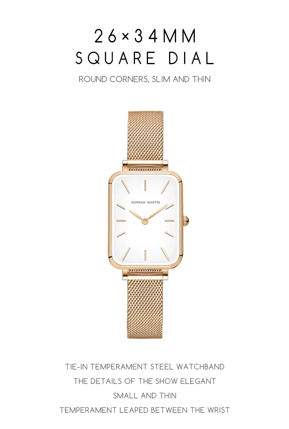 Square Women Stainless Steel Mesh Strap Watch Fashion Japanese Movement Rose Gold Simple Leisure Fashion Hannah Martin Watches