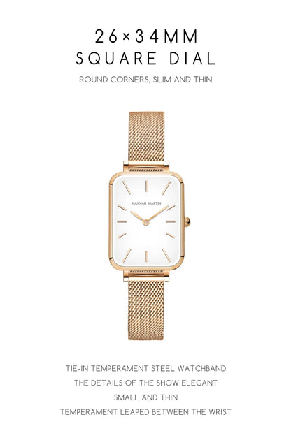 Square Women Stainless Steel Mesh Strap Watch Fashion Japanese Movement Rose Gold Simple Leisure Fashion Hannah Martin Watches