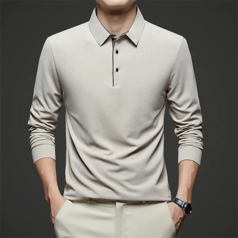 New Men's Business Casual  Long Sleeve Solid Color Polo Shirt Fashionable Warm Comfortable Four Seasons Versatile Top