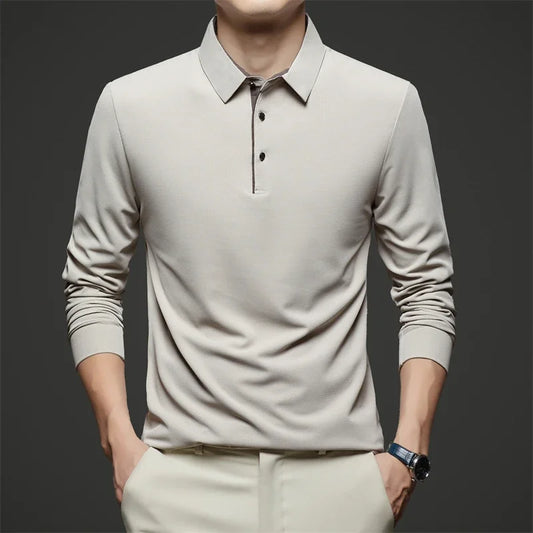 New Men's Business Casual  Long Sleeve Solid Color Polo Shirt Fashionable Warm Comfortable Four Seasons Versatile Top