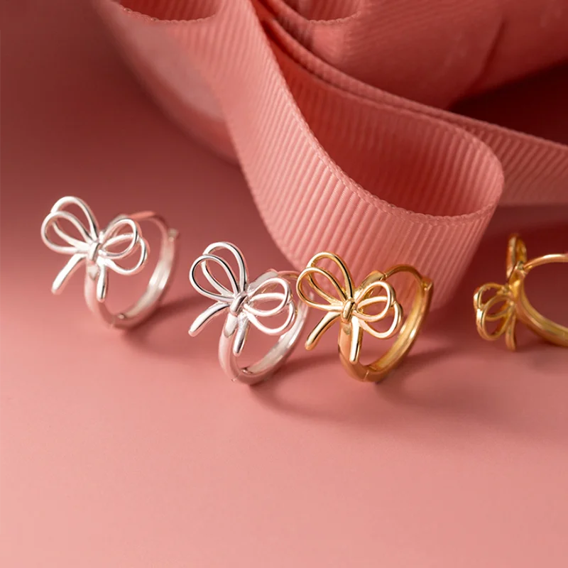 WANTME 925 Sterling Silver Hollow Romantic Bow Huggies Ear Hoops Earrings for Women Fashion Elegant Charm Party Jewelry Gifts
