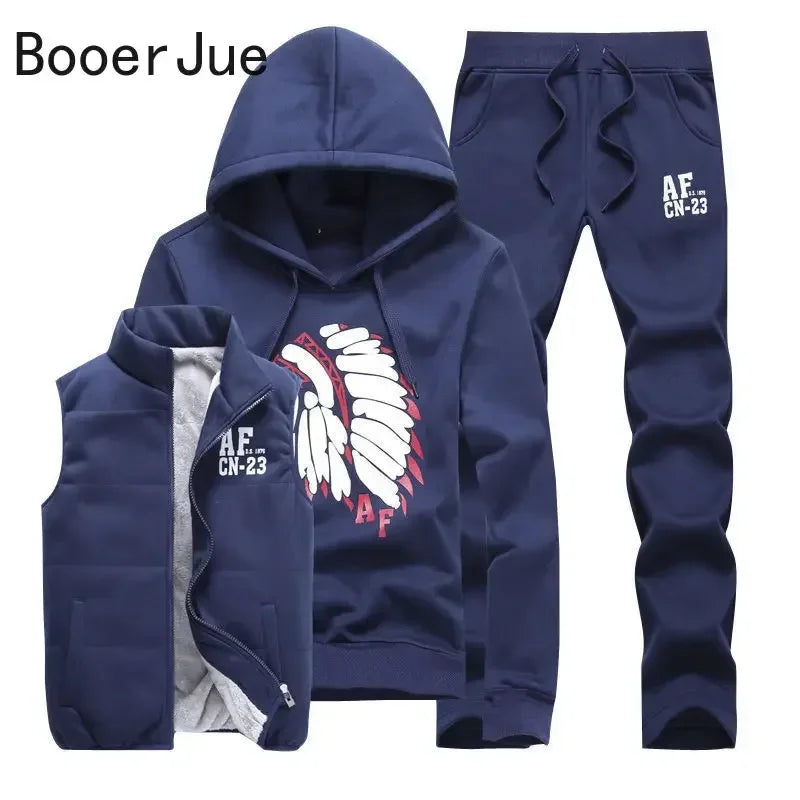 3 Pieces Set Hoodies+Vest+Pants Casual Track Suit Clothing Coats Winter Thick Warm Tracksuit for Couple Printed Mens Set Vest