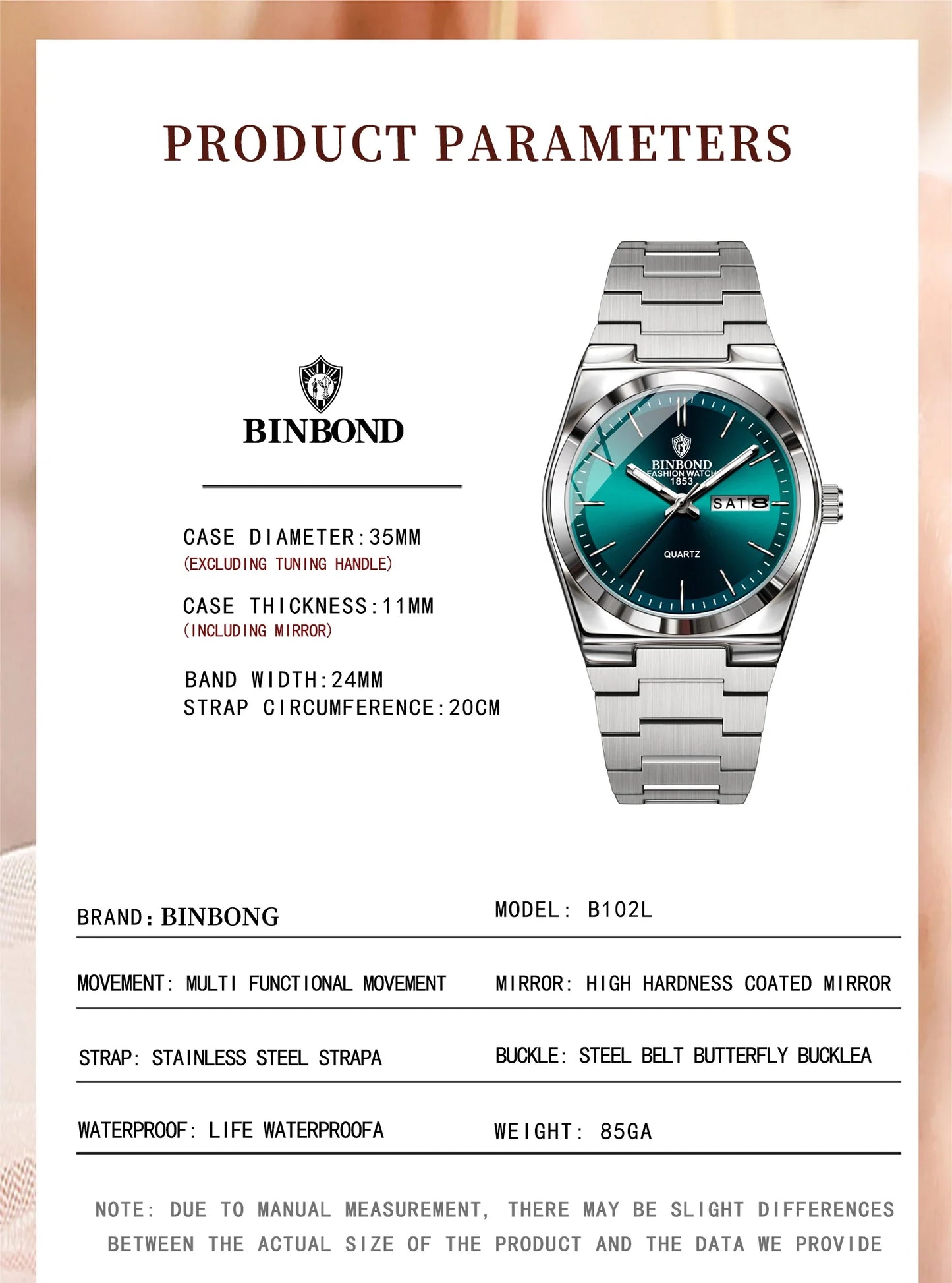 BINBOND 103 Business Women's Quartz Watch Waterproof Double Calendar Night Light Non Mechanical Ultra Thin Women's Quartz Watch