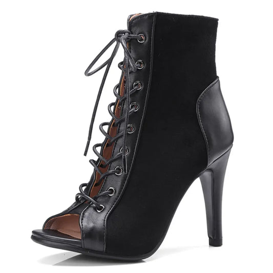 Black Summer High Heels Ankle Boots For Women Spring Peep Toe Lace Up