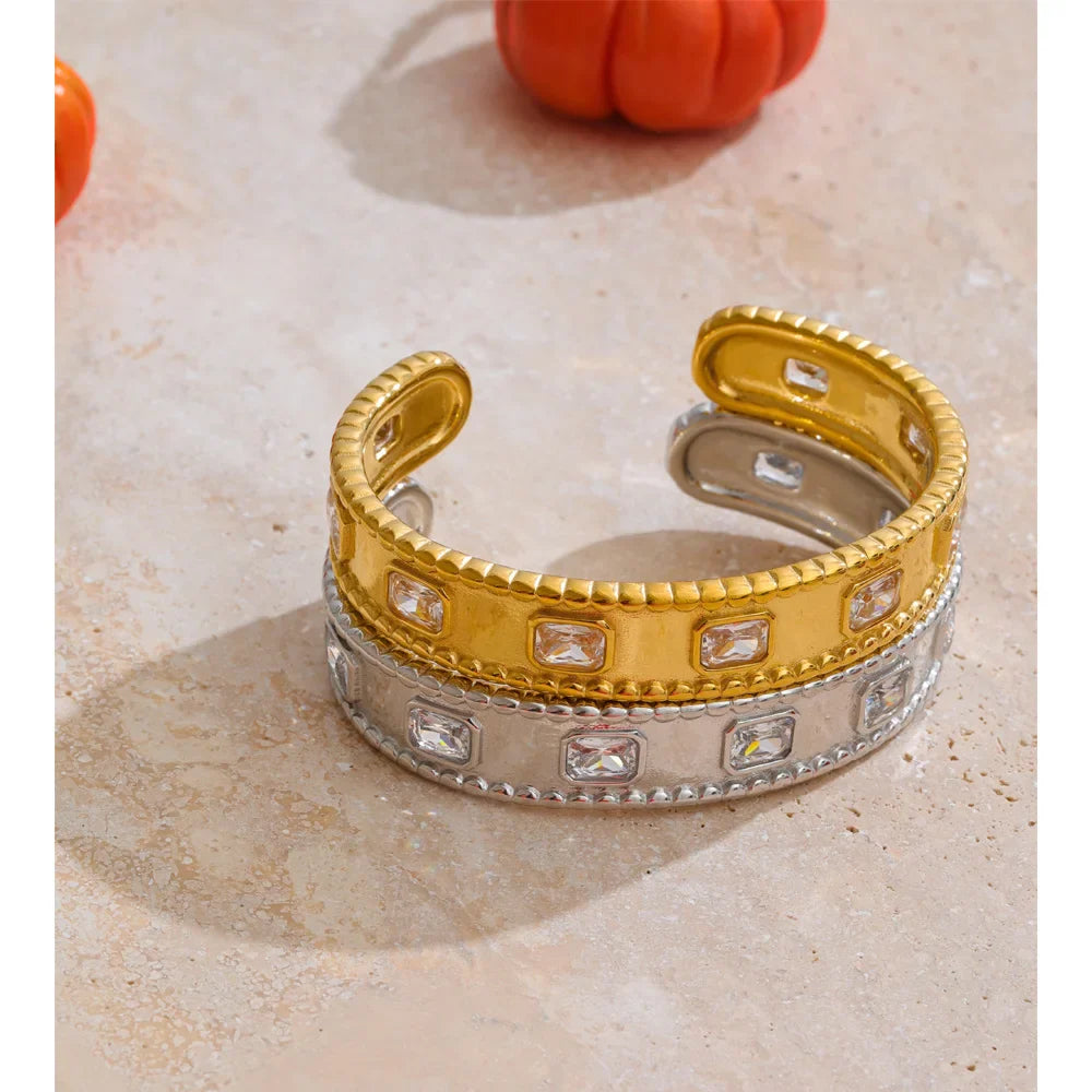 Yhpup 62mm High Quality Stainless Steel Square Zirconia Cuff Bracelet Bangle Trending Texture Premium Jewelry Recommend