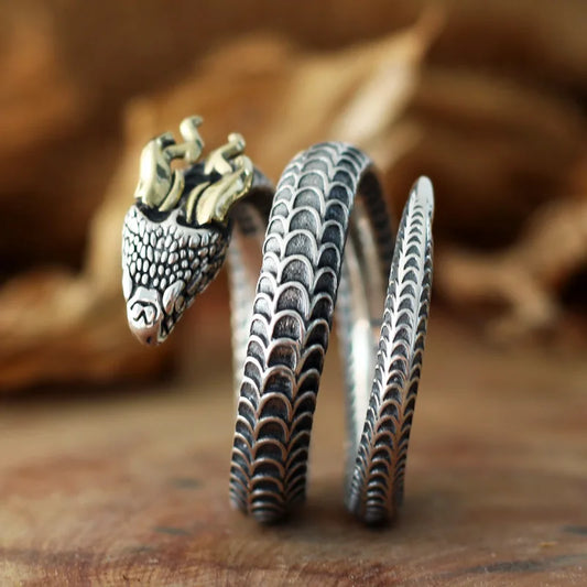 925 Sterling Silver Male Big Ring Elegant Horned snake Open Ring Finger