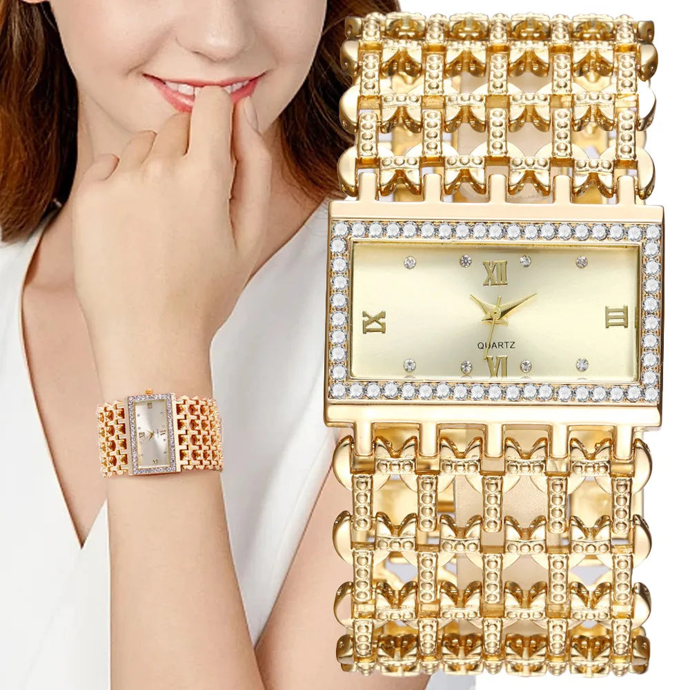 Luxury Ladies Simple Diamond Set Square Bracelet Quartz Watches Fashion Gold Stainless Steel Skeleton Women Clock Dress Watch