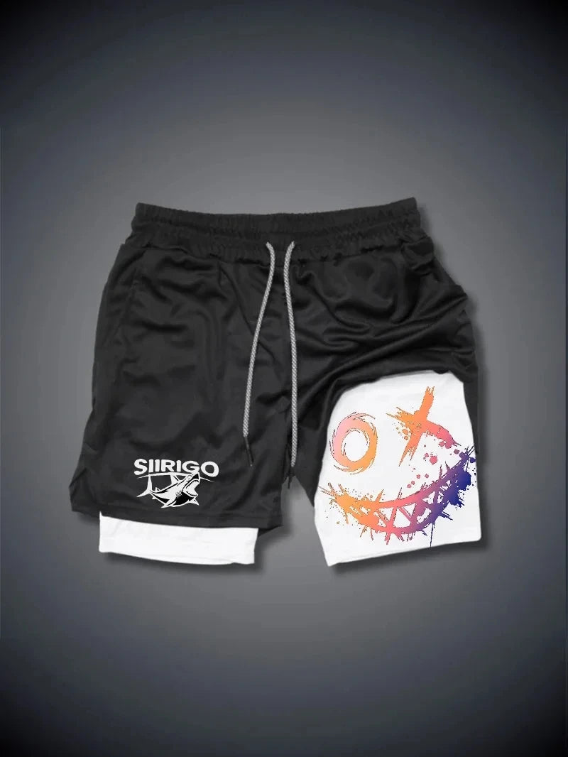 2024 Men's Smiling Face Printed Fitness Shorts Double-Layer 2-in-1 Quick Drying Fitness Outdoor Leisure Training Sports Shorts