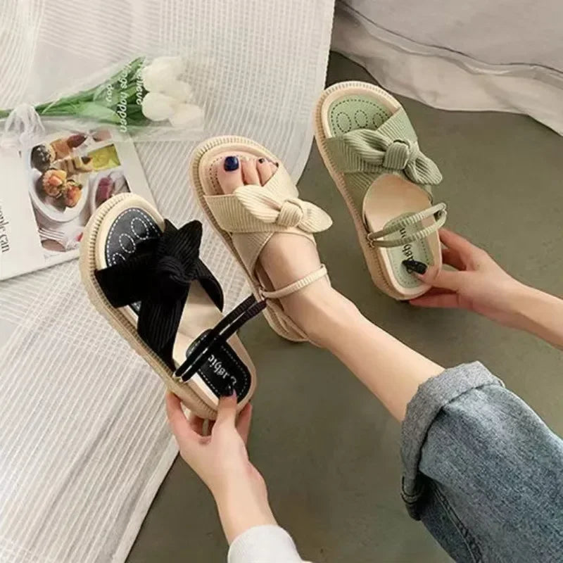 New Style Fairy Style Lady Summer Slippers Thick Platform Flat Sandals with Butterfly-Knot Summer Flip Flops Sandals Women Shoes