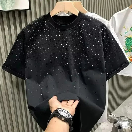 Summer Rhinestone Rivet T-shirt for Men Clothing Round Neck Casual T-shirt Fashion High Street 2025 Men's Summer Short Sleeves