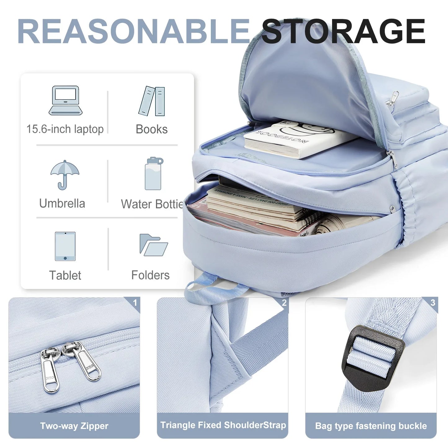 Casual Nylon Backpack, Backpack for Women, Multi-Pocket Design in Light Blue Durable for School, High School and College Bookbag