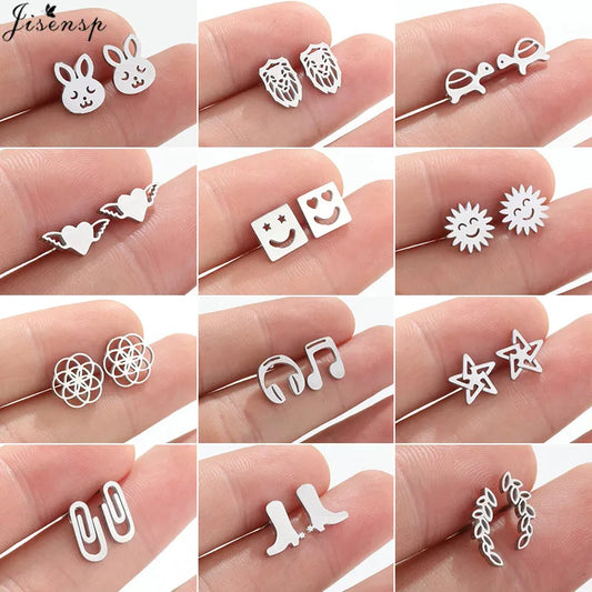 Mini Stainless Steel Earings Fashion Jewelry Cute Heart Music Leaf Bunny Sun Stud Earrings for Women Lion Ear Studs Pendientes