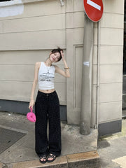 Black Polka Dot Straight Jeans Women High-waisted Loose Wide Leg Pants