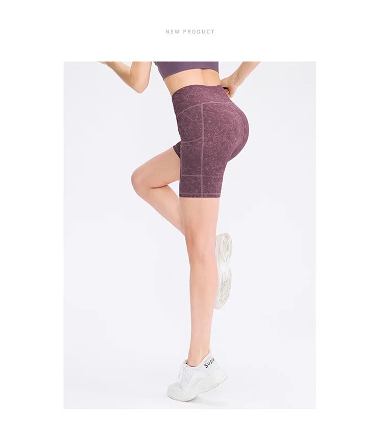 Women's printed nude yoga shorts with pockets skin-friendly tight stretch quick-drying sports fitness hiking running shorts