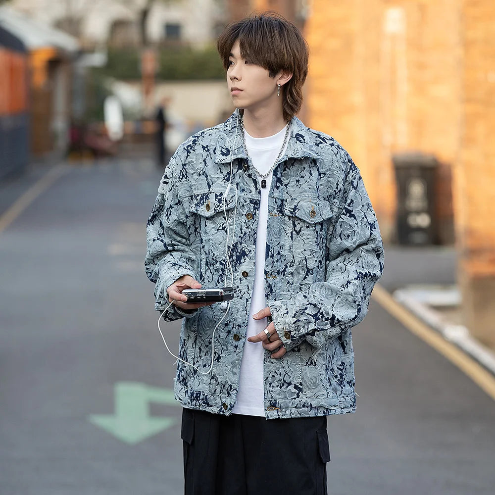 Men Ripped Distressed Denim Jacket Flower Jacquard Weave Embroidery Coat
