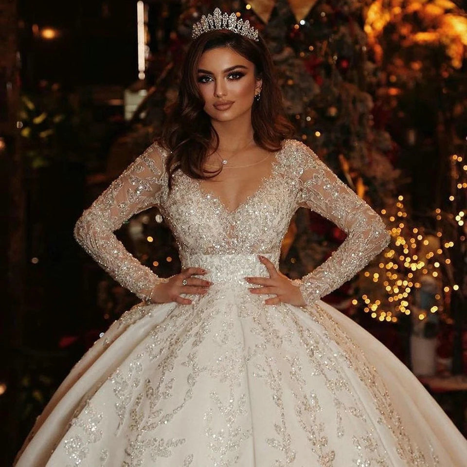 White Bridesmaid Dresses: Ball Gown Illusion Back Long Sleeve Wedding Dresses