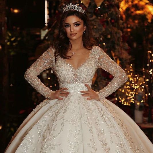 White Bridesmaid Dresses: Ball Gown Illusion Back Long Sleeve Wedding Dresses