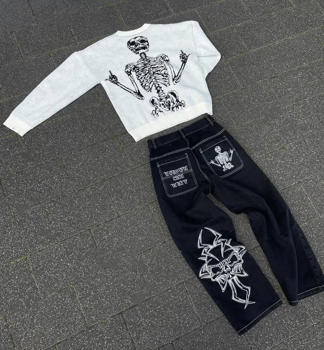 Y2K Skull Embroidery Jeans Men Hip Hop Retro Baggy Harajuku Gothic Denim Pants