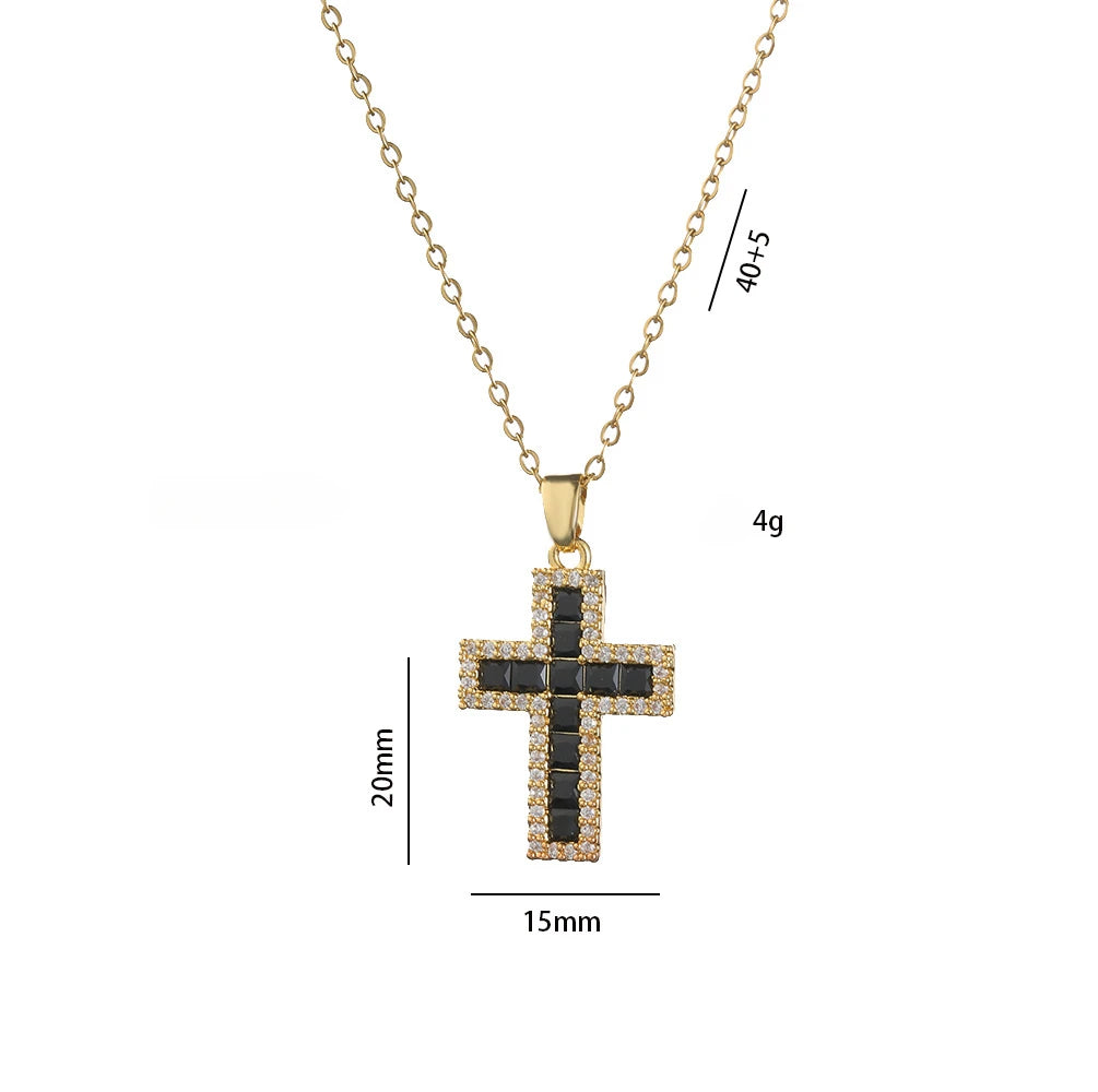 Colorful Zircon Cross Pendant Necklaces for Women Girls Stainless Steel Trendy