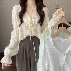 Sweet Ruffle Lace Up Cardigan Women Summer Long Sleeve Sunscreen Jacket