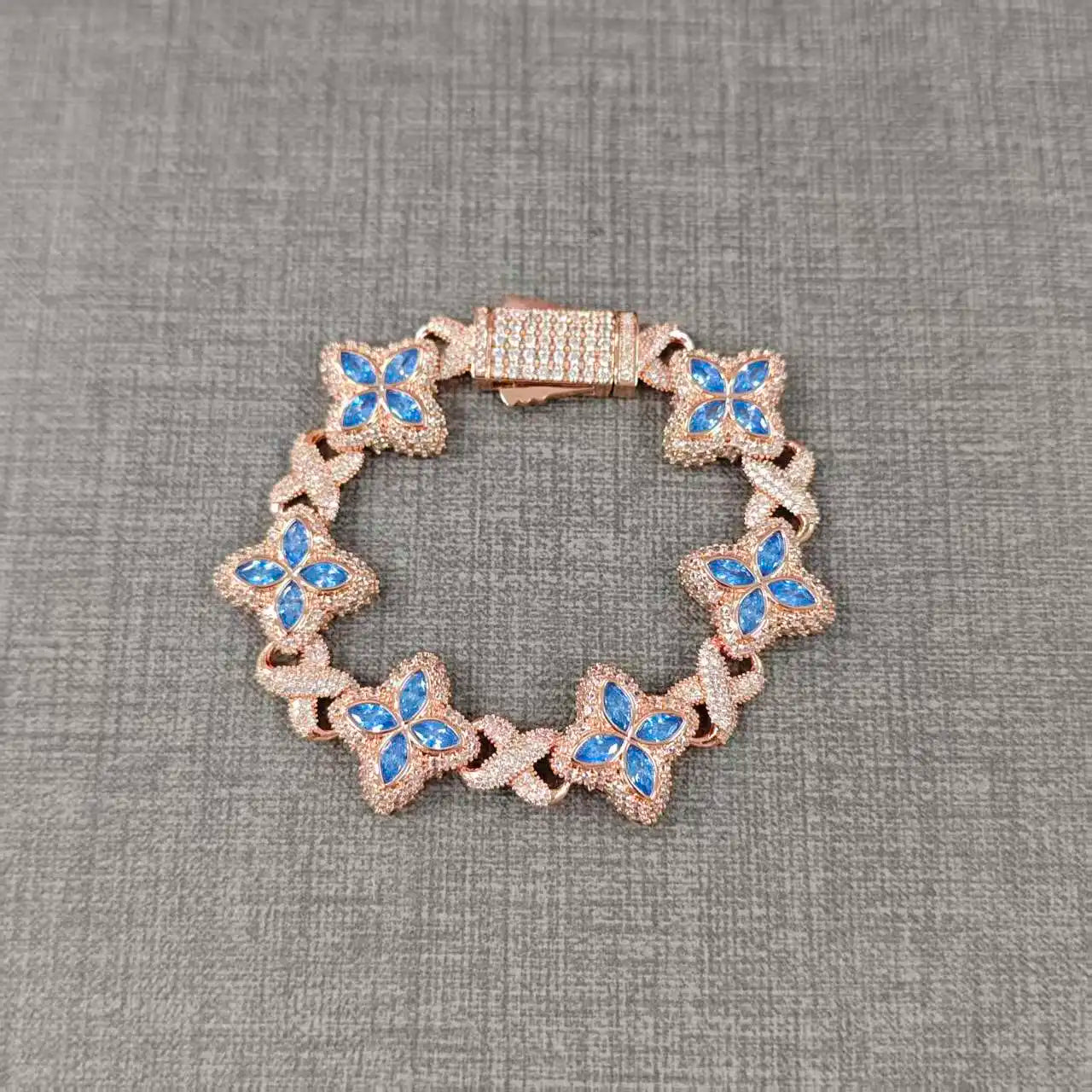 UWIN Iced Baby Blue Baguettecz Floral Infinity Bracelets for Women Men Cubic Zirconia Cuban Link Chain Anklets Fashion Jewelry