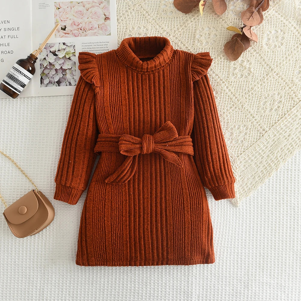 Girls' Woolen Dress Children's Autumn Winter High Neck Flying Sleeve