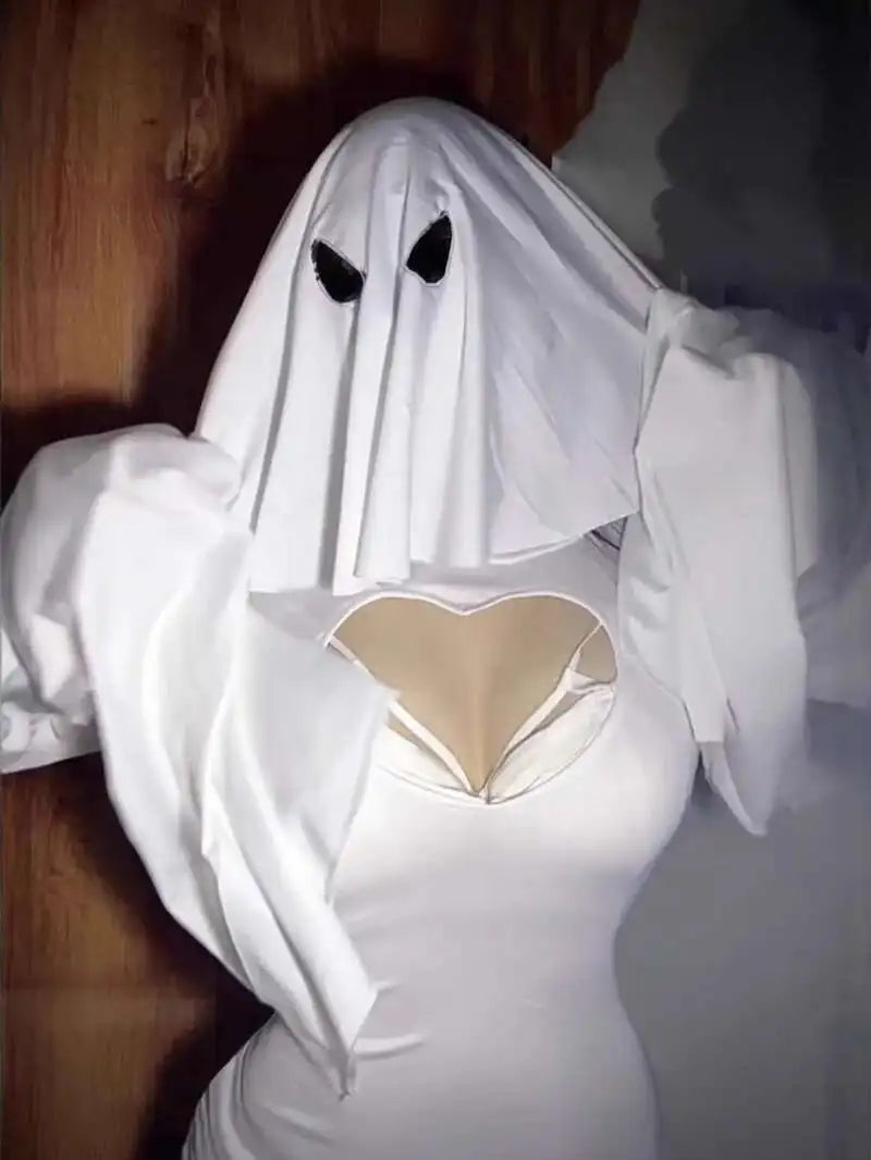 Pure Desire Hollow Ghost Dress Halloween Uniform Temptation Dress Backless Deep V Long Sleevess Dress Elegant Charming  5DZW