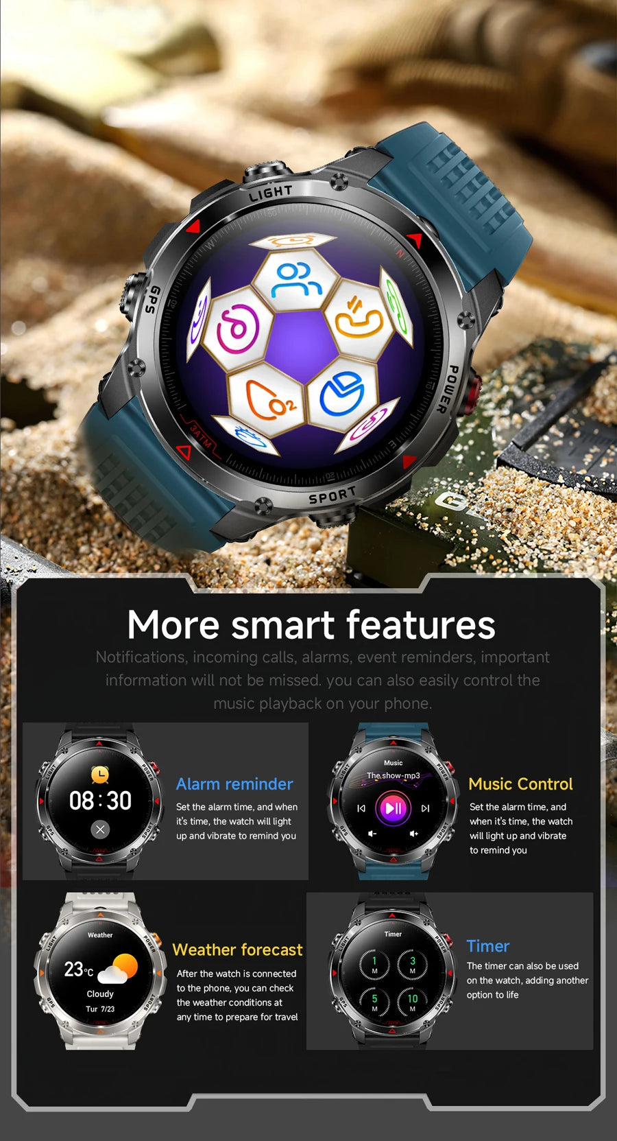 Outdoor Military Smart Watch Men Built-in GPS 1.46" AMOLED Compass