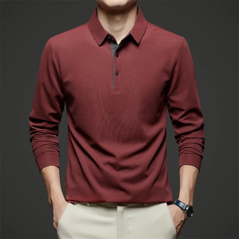 New Men's Business Casual  Long Sleeve Solid Color Polo Shirt Fashionable Warm Comfortable Four Seasons Versatile Top