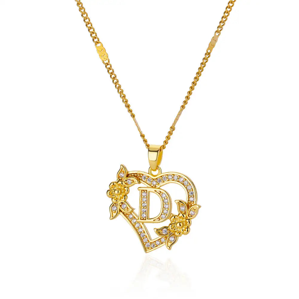 Flower Zircon Initial Heart Pendant Necklaces For Women 2024 Trend Stainless Steel Letter Necklaces Jewelry Best Friend Gifts