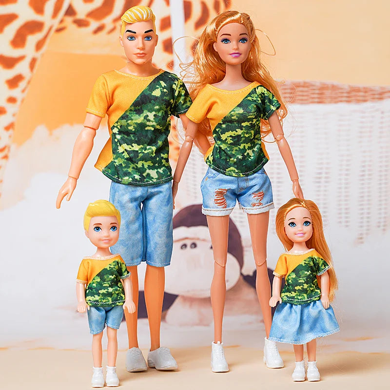 1/6  FamilyDoll Toy Set of 4 People Mom Dad Kids 30cm Barbies Doll Full Set With Clothes for Education Birthday Gift