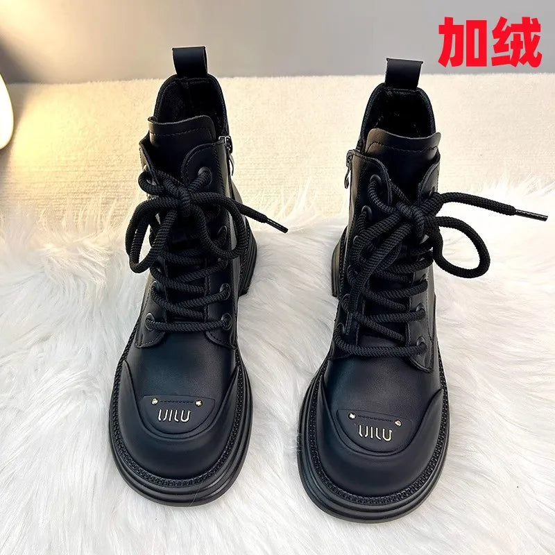 Brand British style short boots for women's winter thick soled casual plush